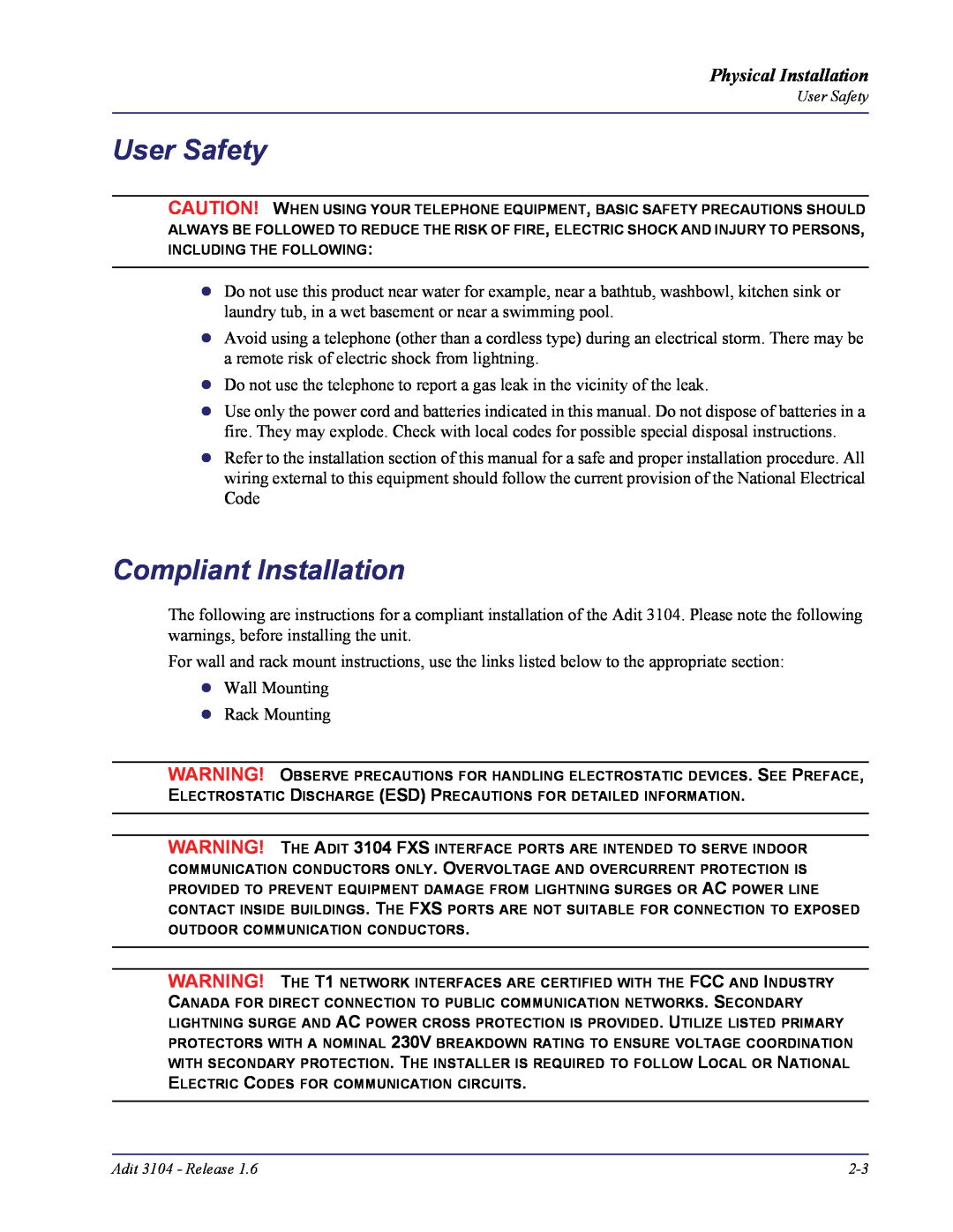Carrier Access Adit 3104 user manual User Safety, Compliant Installation, Physical Installation 