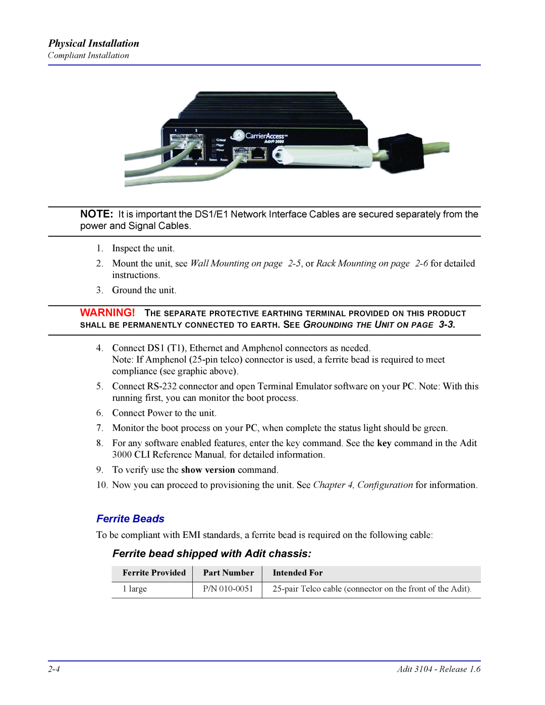 Carrier Access Adit 3104 user manual Ferrite Beads, Physical Installation, Ferrite bead shipped with Adit chassis 