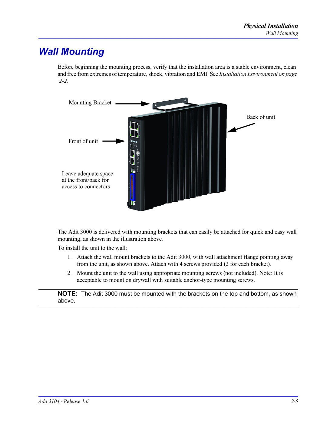 Carrier Access Adit 3104 user manual Wall Mounting, Physical Installation 