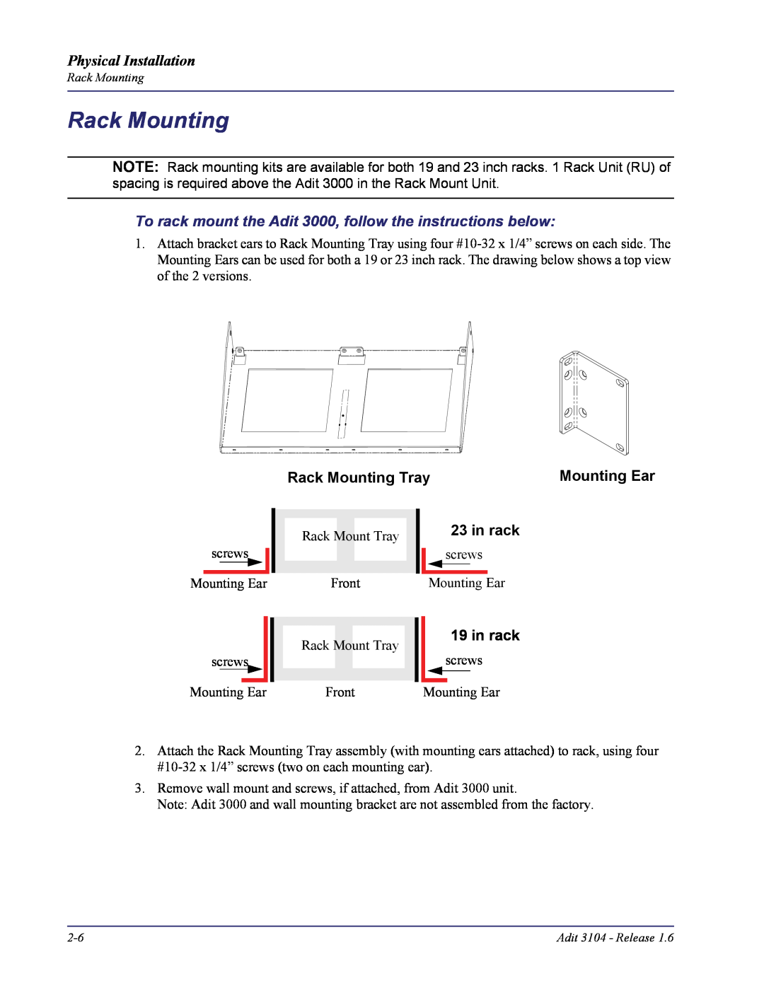 Carrier Access Adit 3104 To rack mount the Adit 3000, follow the instructions below, Rack Mounting Tray, Mounting Ear 
