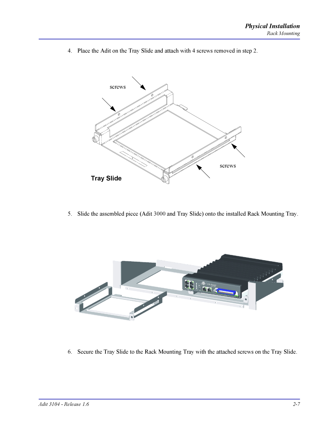 Carrier Access Adit 3104 user manual Tray Slide, Physical Installation 