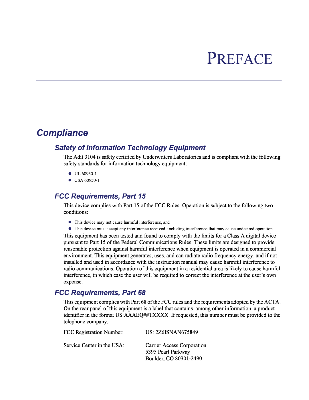Carrier Access Adit 3104 Preface, Compliance, Safety of Information Technology Equipment, FCC Requirements, Part 
