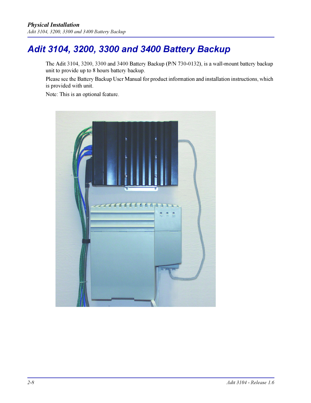 Carrier Access user manual Adit 3104, 3200, 3300 and 3400 Battery Backup, Physical Installation 