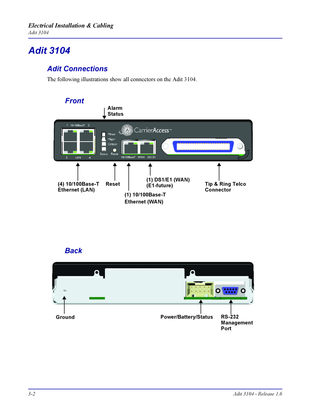 Carrier Access Adit 3104 user manual Adit Connections, Electrical Installation & Cabling, Front, Back 