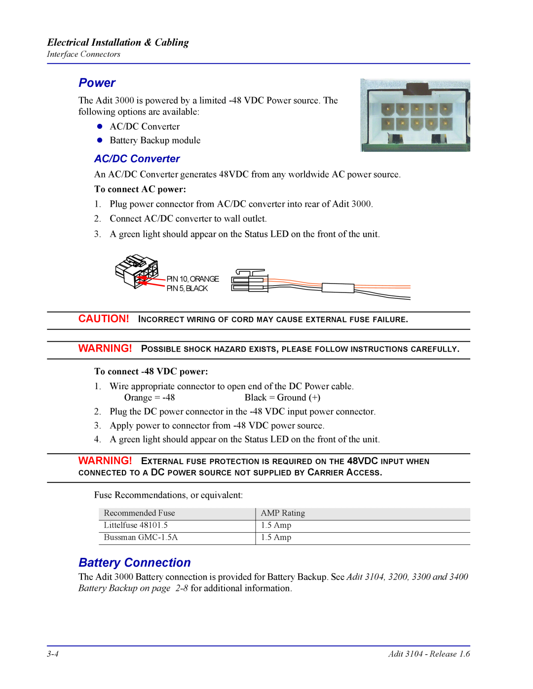 Carrier Access Adit 3104 user manual Battery Connection, AC/DC Converter, Power, Electrical Installation & Cabling 