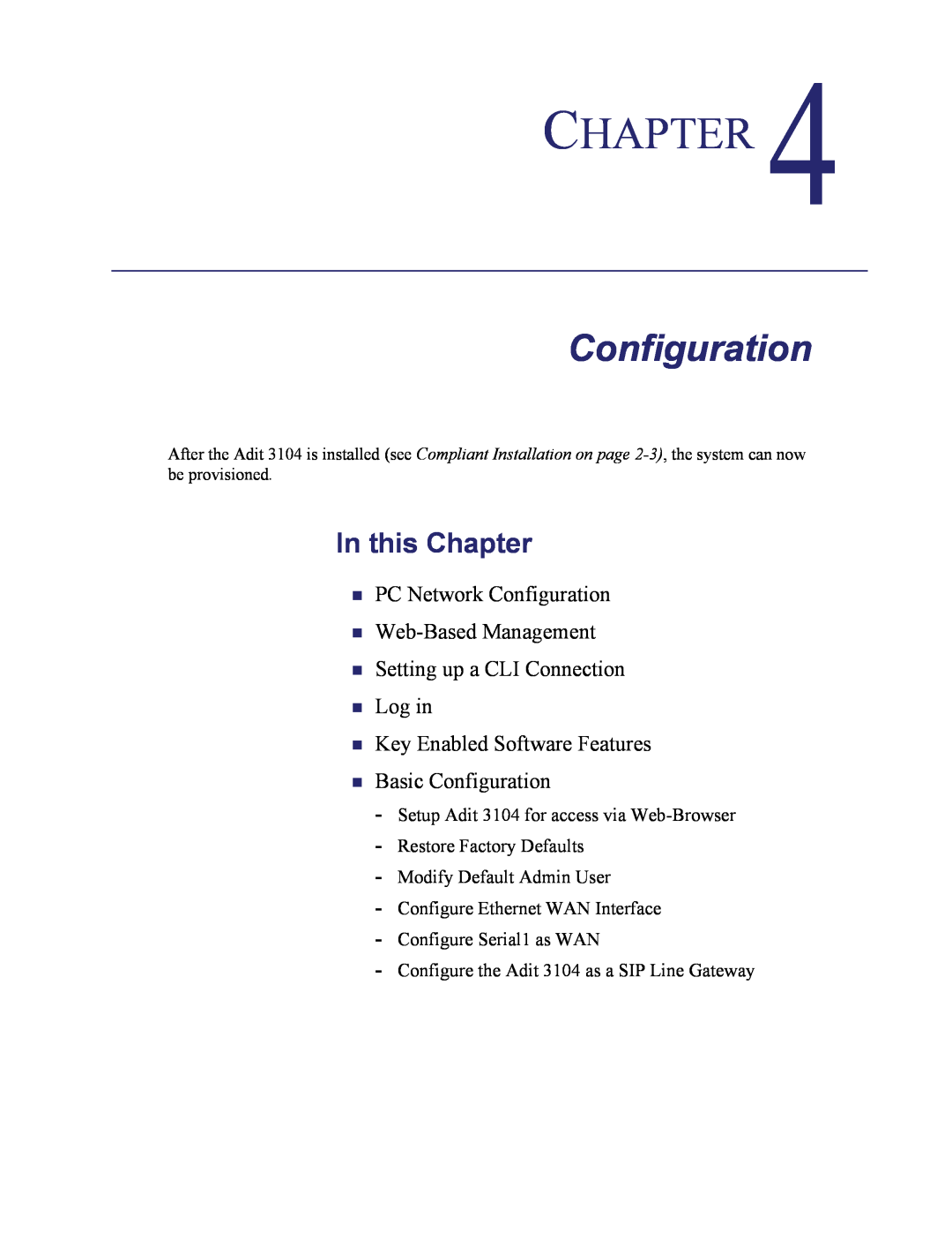 Carrier Access Adit 3104 PC Network Configuration Web-Based Management, Basic Configuration, In this Chapter 