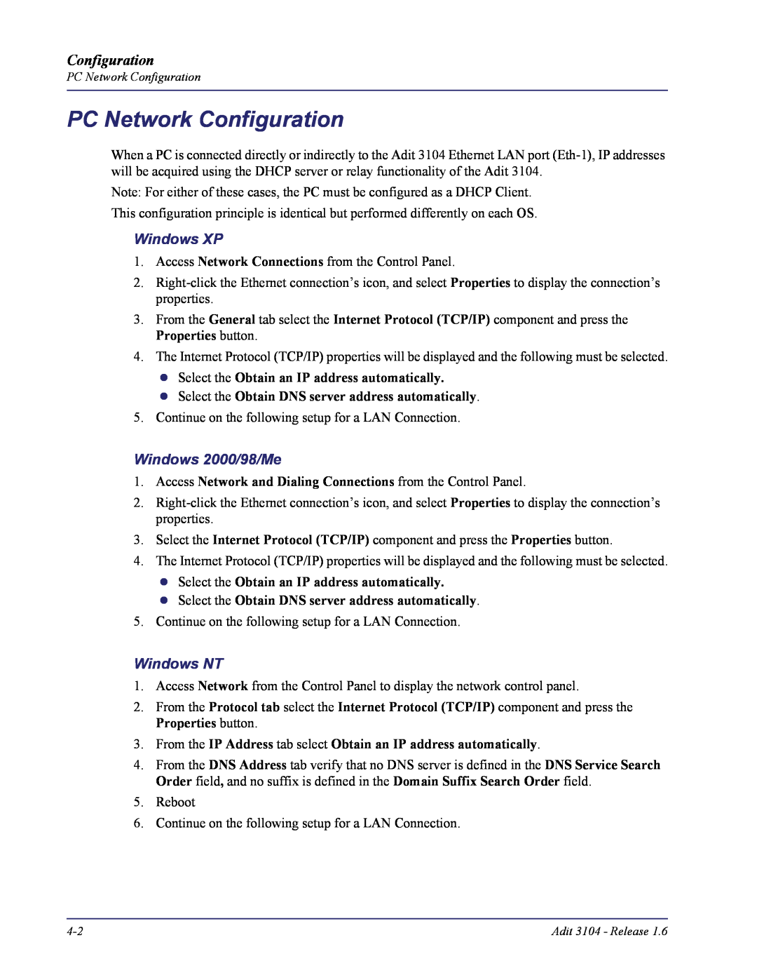 Carrier Access Adit 3104 user manual PC Network Configuration, Windows XP, Windows 2000/98/Me, Windows NT 