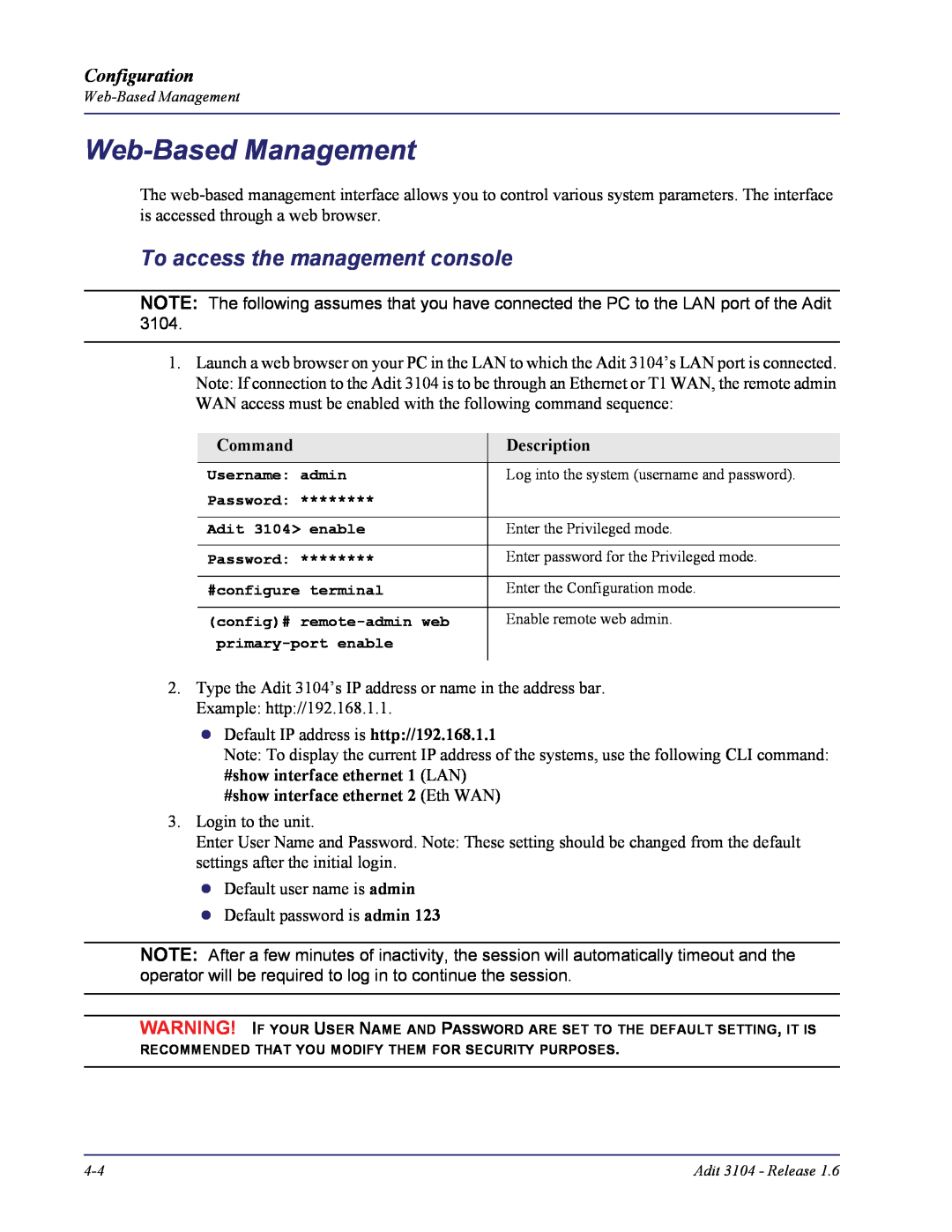 Carrier Access Adit 3104 user manual Web-Based Management, To access the management console, Configuration 