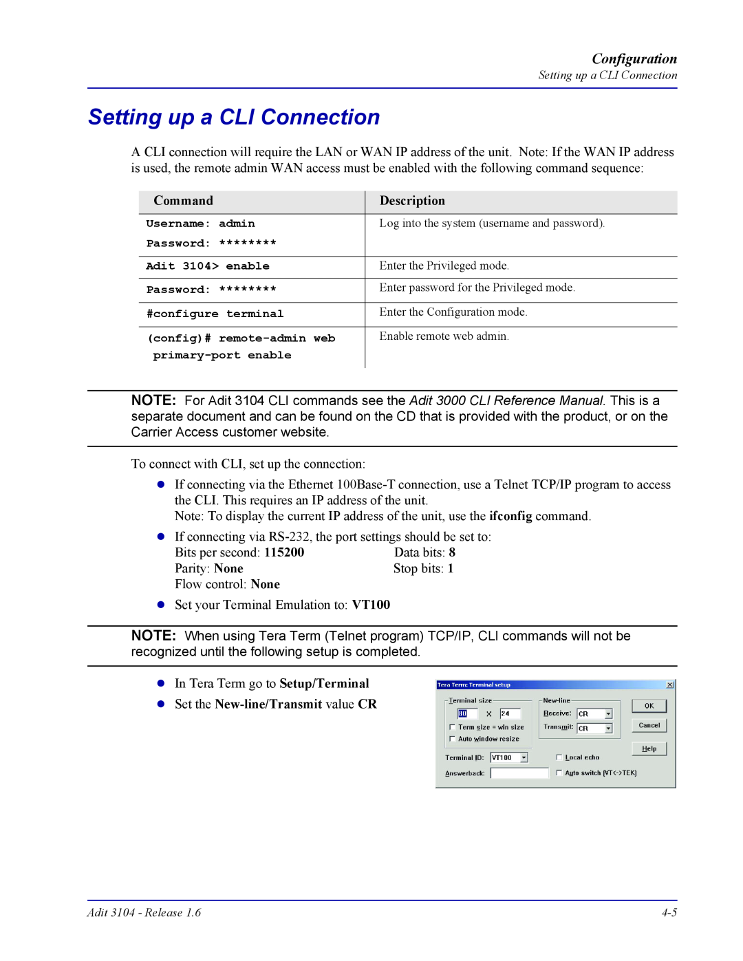 Carrier Access Adit 3104 user manual Setting up a CLI Connection, Configuration 