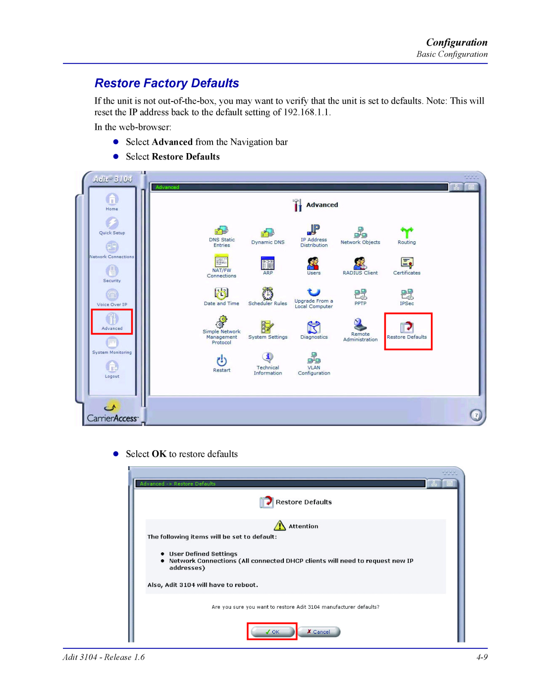 Carrier Access Adit 3104 user manual Restore Factory Defaults, Configuration, Select Restore Defaults 