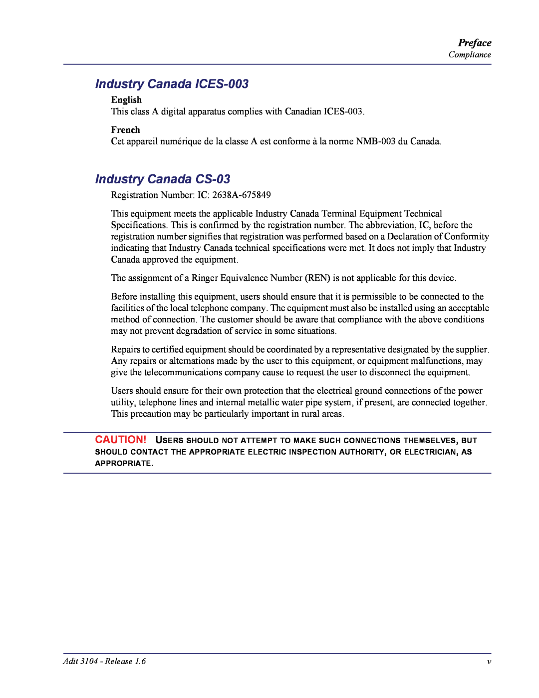 Carrier Access Adit 3104 user manual Industry Canada ICES-003, Industry Canada CS-03, Preface, English, French 