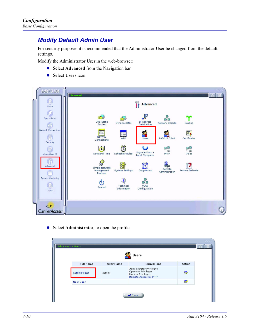 Carrier Access Adit 3104 user manual Modify Default Admin User, Configuration 