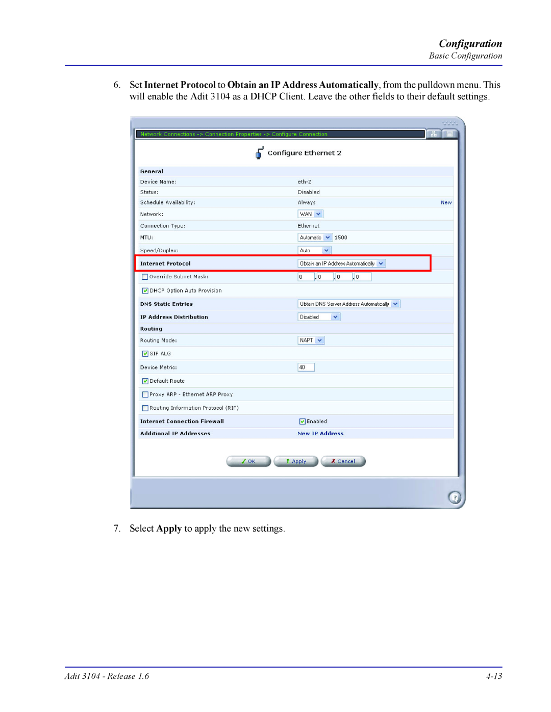 Carrier Access Adit 3104 user manual Configuration, Select Apply to apply the new settings 