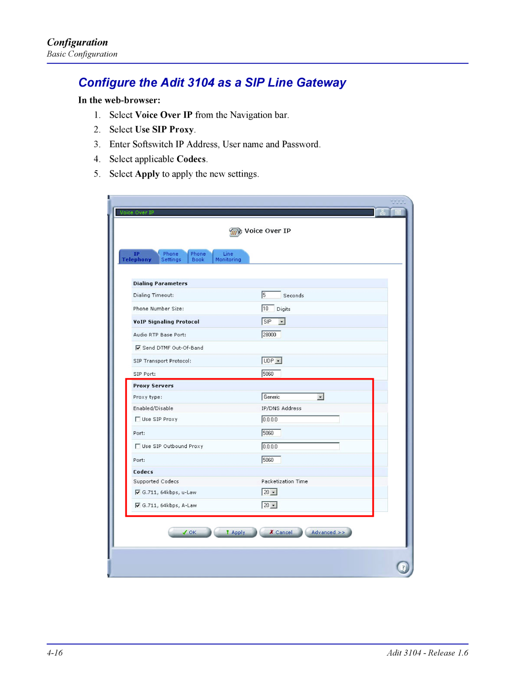 Carrier Access user manual Configure the Adit 3104 as a SIP Line Gateway, Configuration 