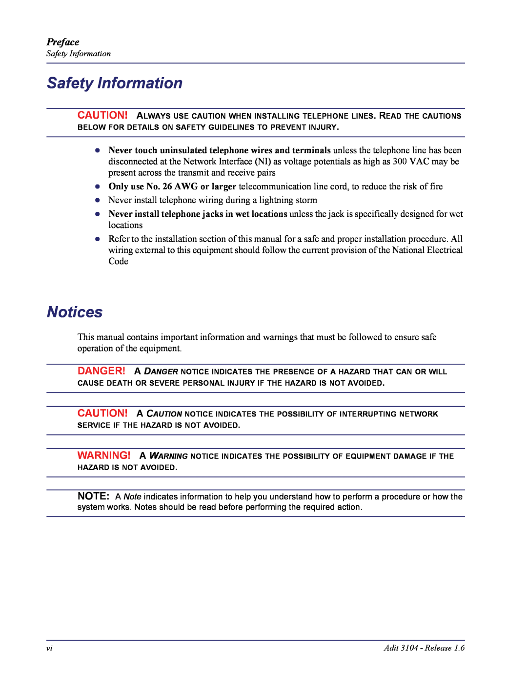 Carrier Access Adit 3104 user manual Safety Information, Notices, Preface 