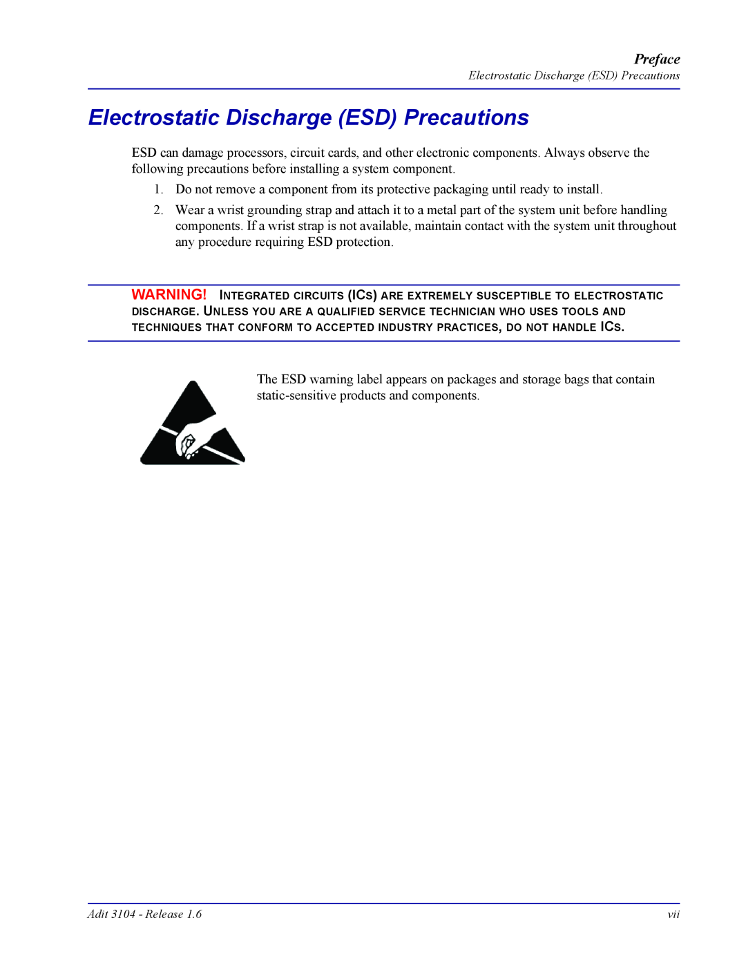 Carrier Access Adit 3104 user manual Electrostatic Discharge ESD Precautions, Preface 