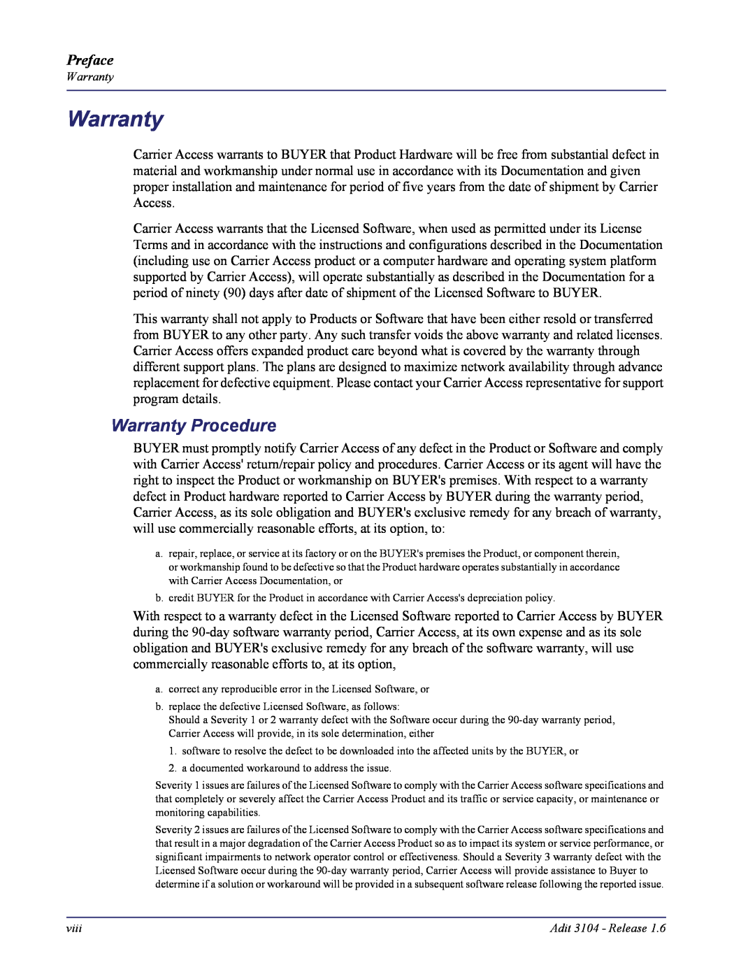 Carrier Access Adit 3104 user manual Warranty Procedure, Preface 