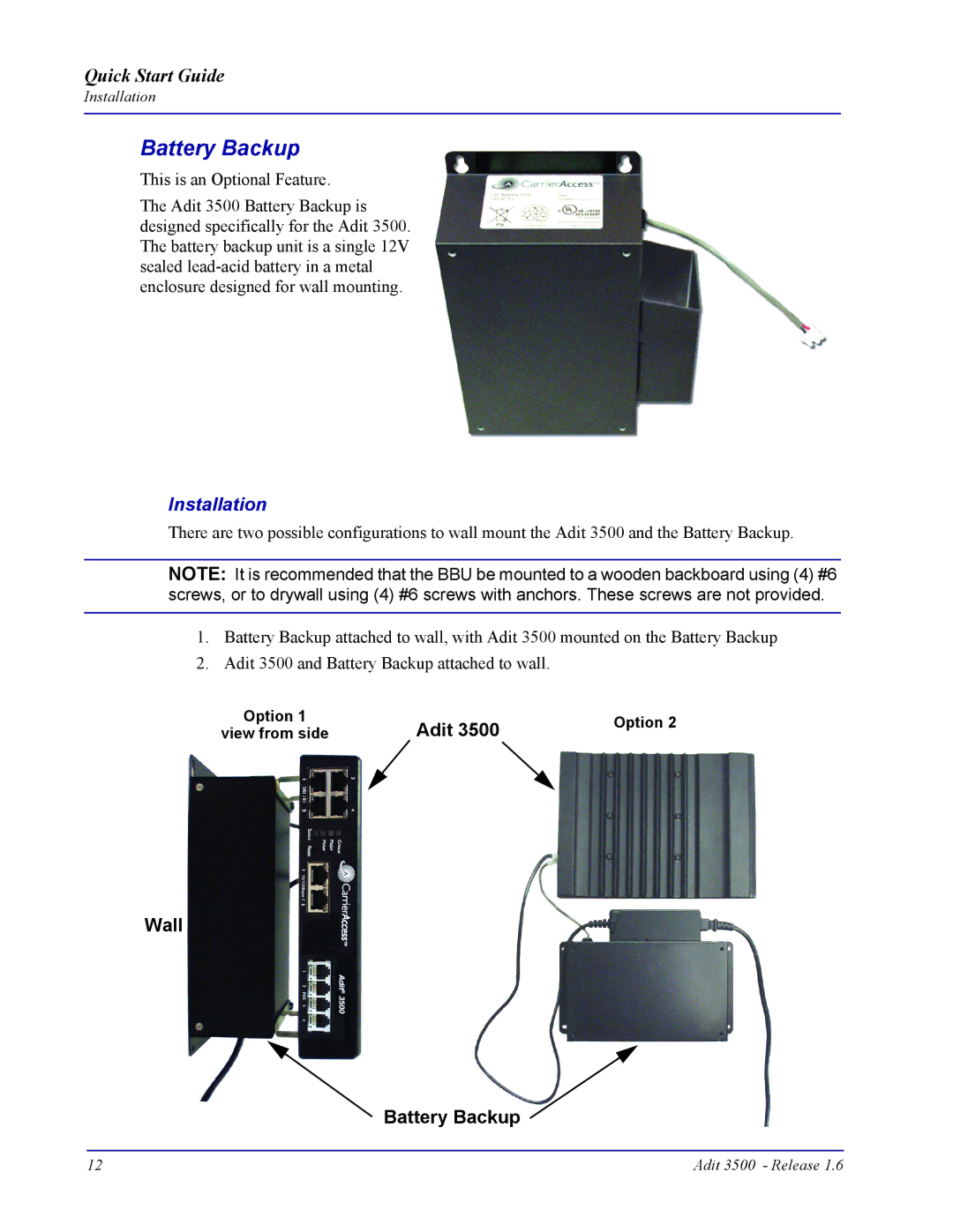 Carrier Access Adit 3500 quick start Battery Backup, Installation 