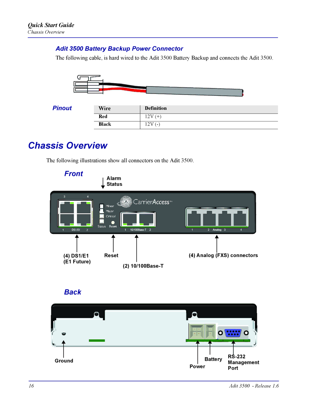 Carrier Access quick start Chassis Overview, Front, Adit 3500 Battery Backup Power Connector, Pinout 