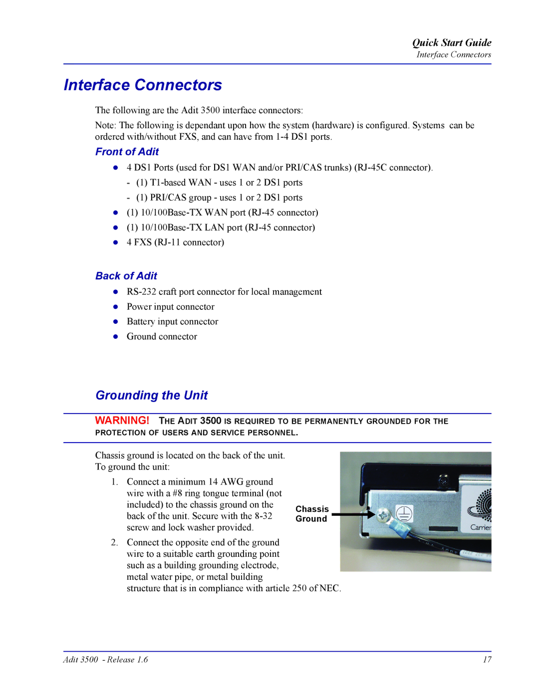 Carrier Access Adit 3500 quick start Interface Connectors, Grounding the Unit, Front of Adit, Back of Adit 