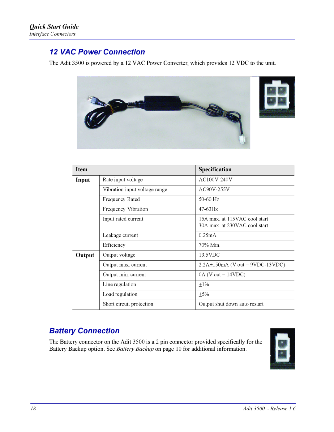 Carrier Access Adit 3500 quick start VAC Power Connection, Battery Connection, Specification, Input, Output 