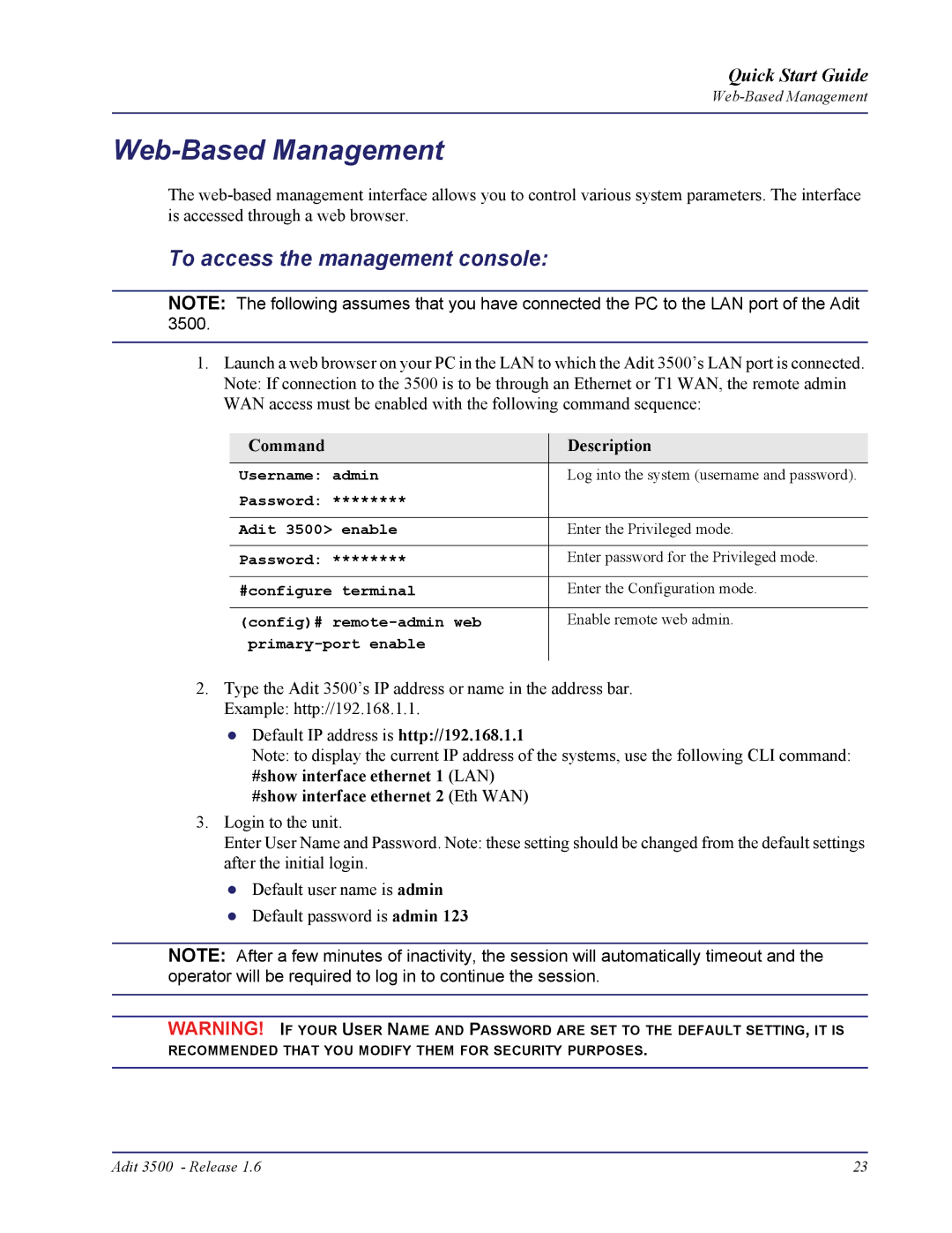 Carrier Access Adit 3500 quick start Web-Based Management, To access the management console, Command Description 