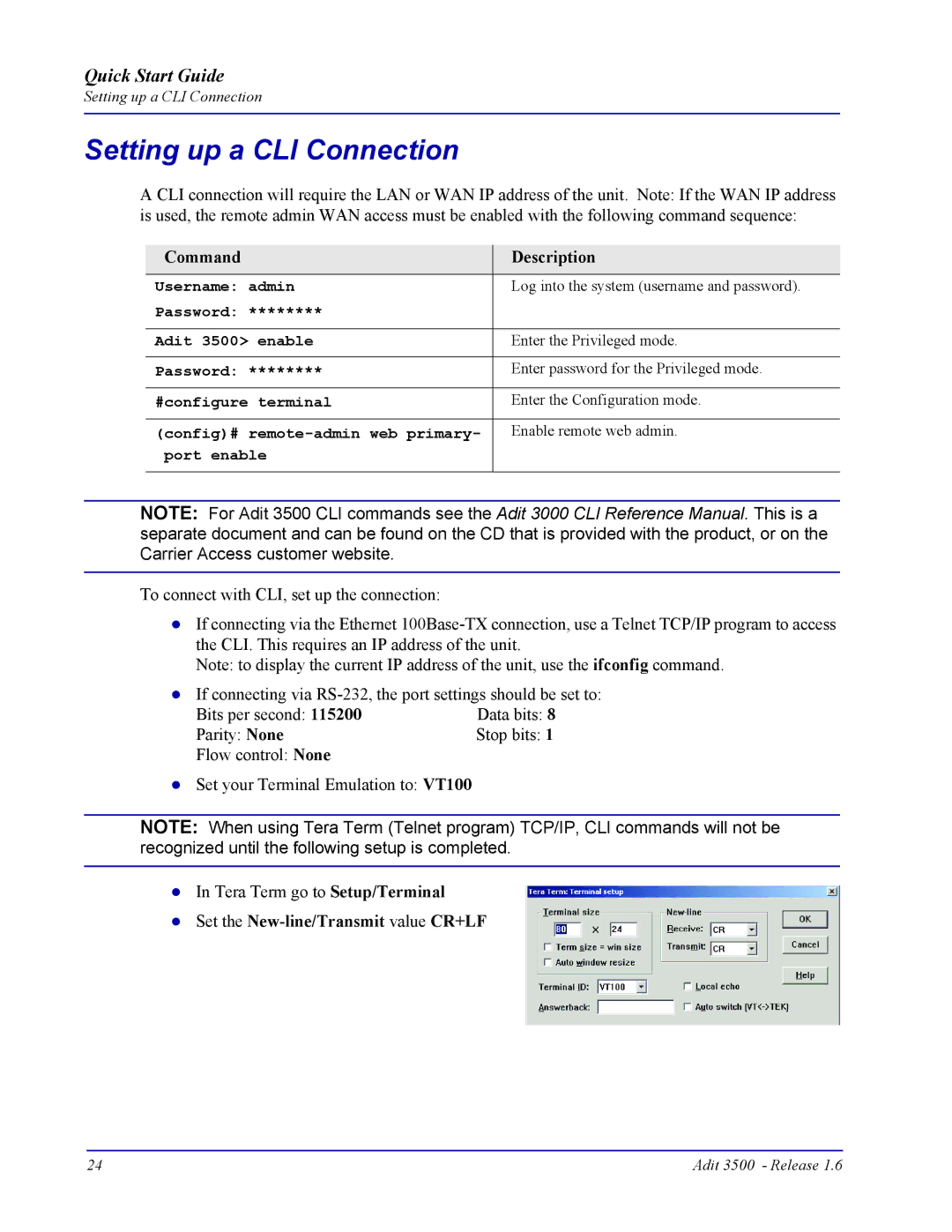 Carrier Access Adit 3500 quick start Setting up a CLI Connection, Set the New-line/Transmit value CR+LF 