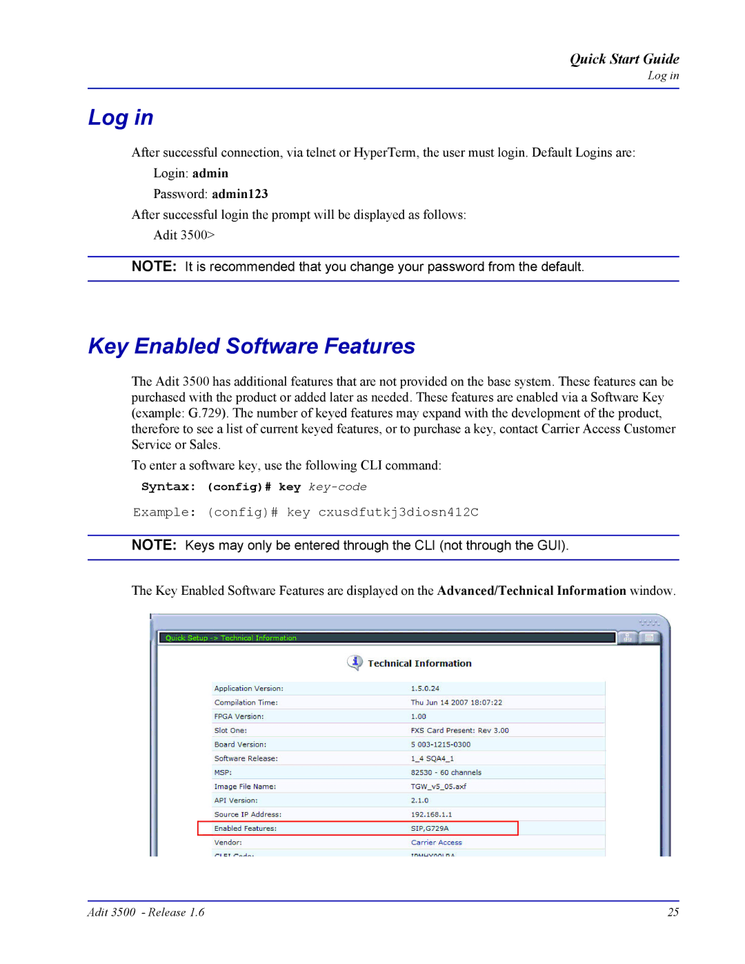 Carrier Access Adit 3500 quick start Log, Key Enabled Software Features 