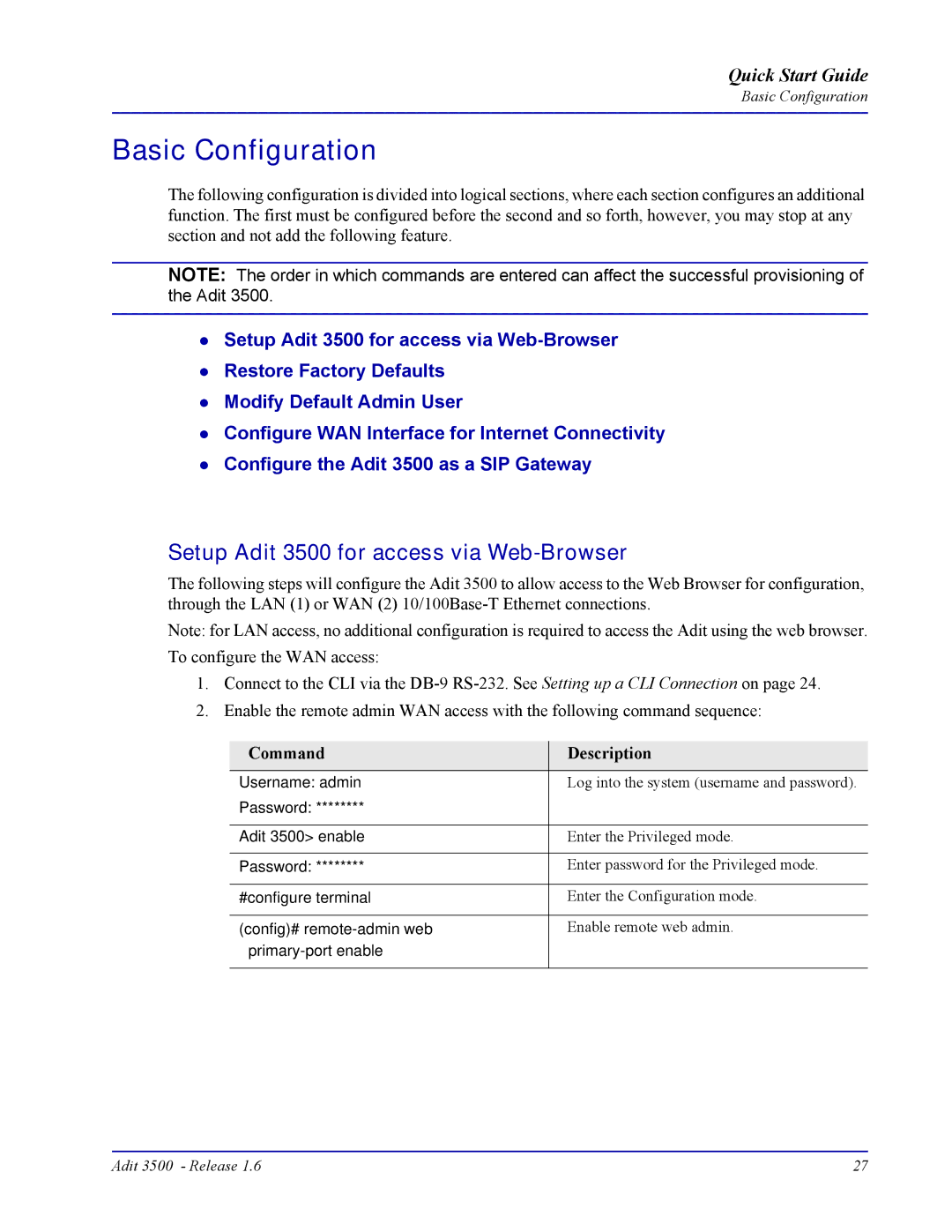 Carrier Access quick start Basic Configuration, Setup Adit 3500 for access via Web-Browser 