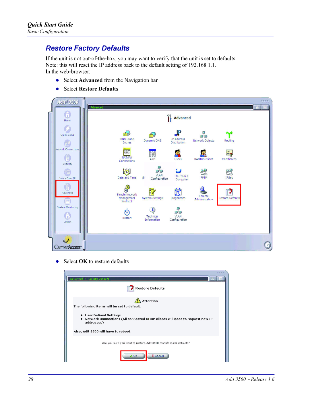 Carrier Access Adit 3500 quick start Restore Factory Defaults, Select Restore Defaults 