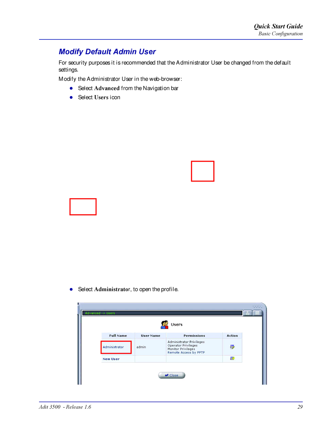 Carrier Access Adit 3500 quick start Modify Default Admin User 