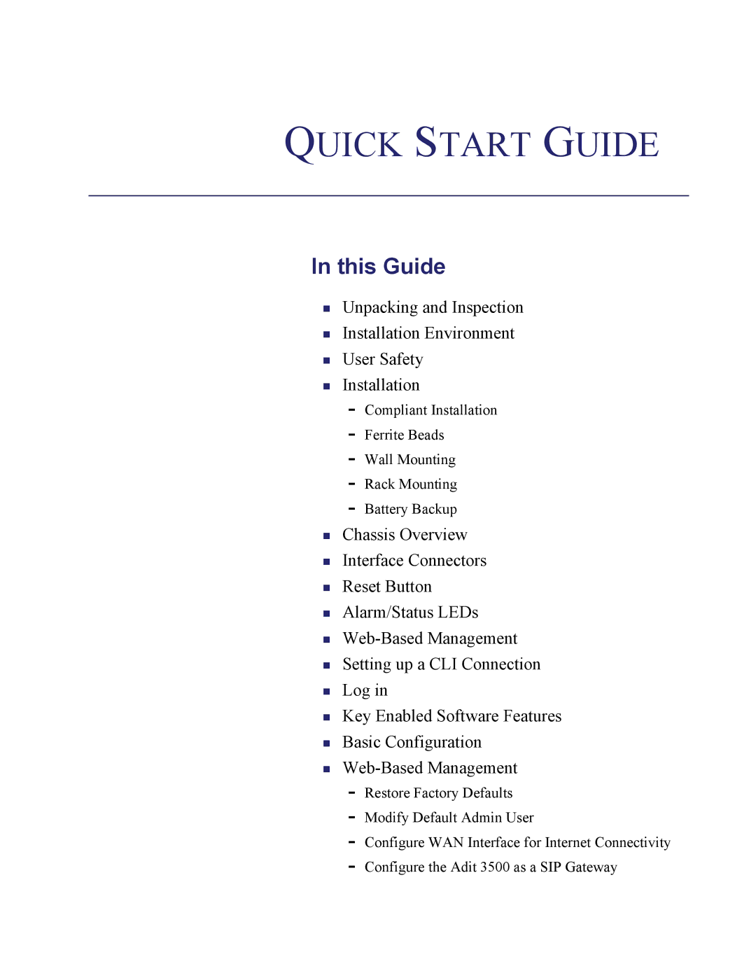 Carrier Access Adit 3500 quick start Quick Start Guide 