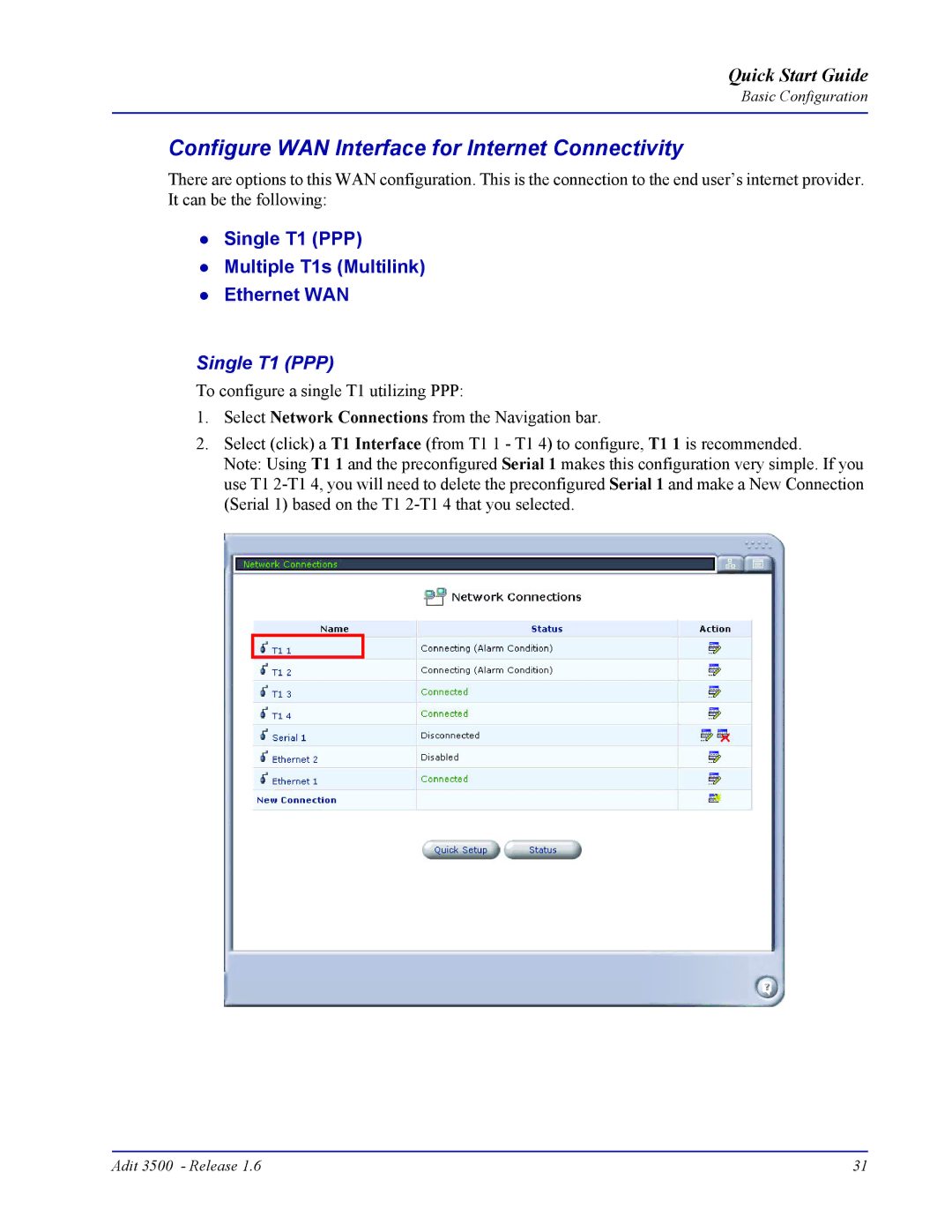 Carrier Access Adit 3500 quick start Configure WAN Interface for Internet Connectivity, Single T1 PPP 