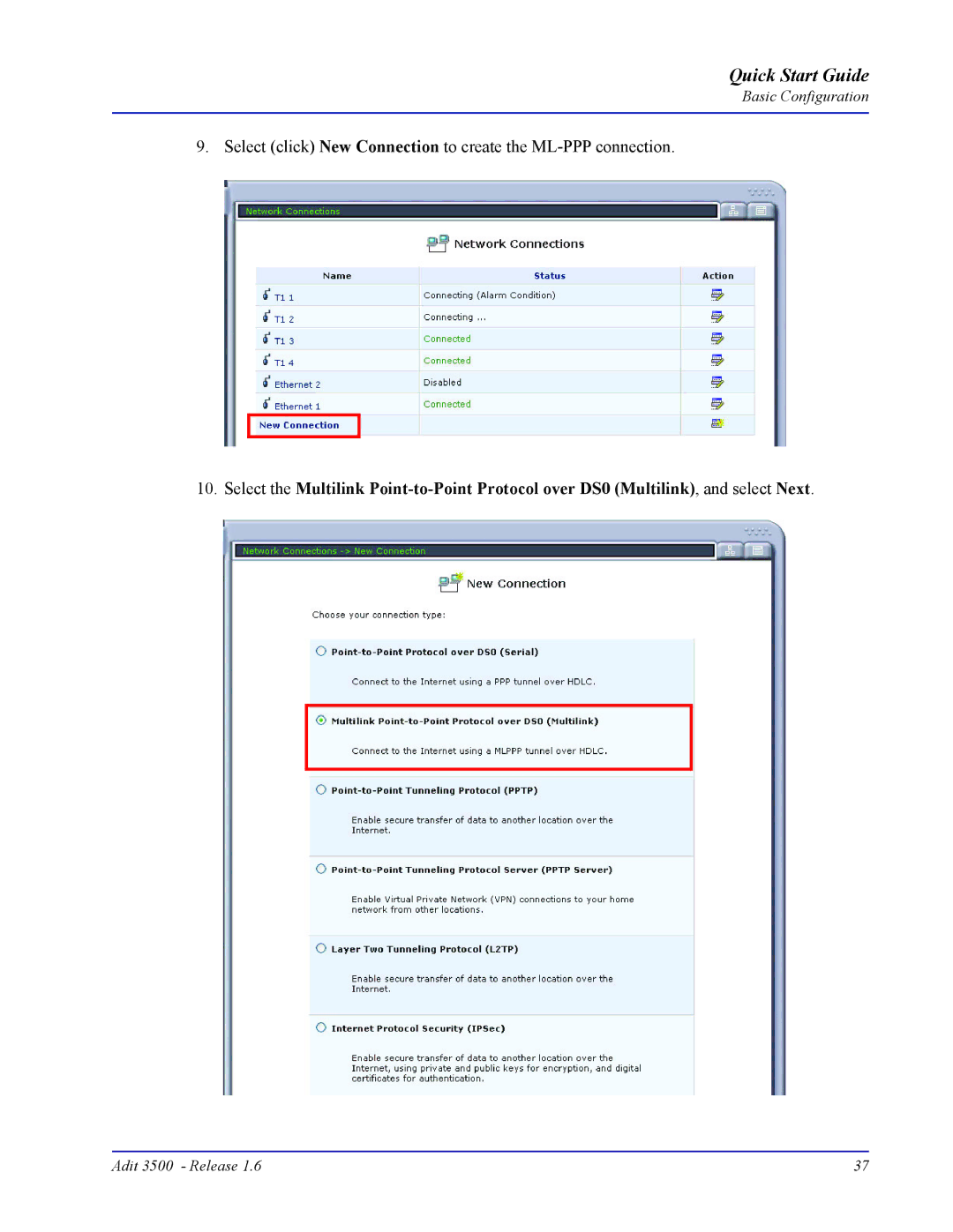 Carrier Access Adit 3500 quick start Select click New Connection to create the ML-PPP connection 