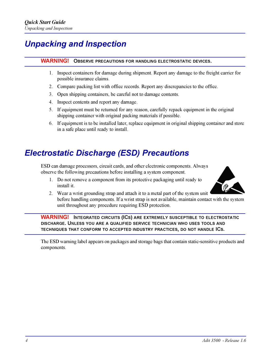 Carrier Access Adit 3500 quick start Unpacking and Inspection, Electrostatic Discharge ESD Precautions 