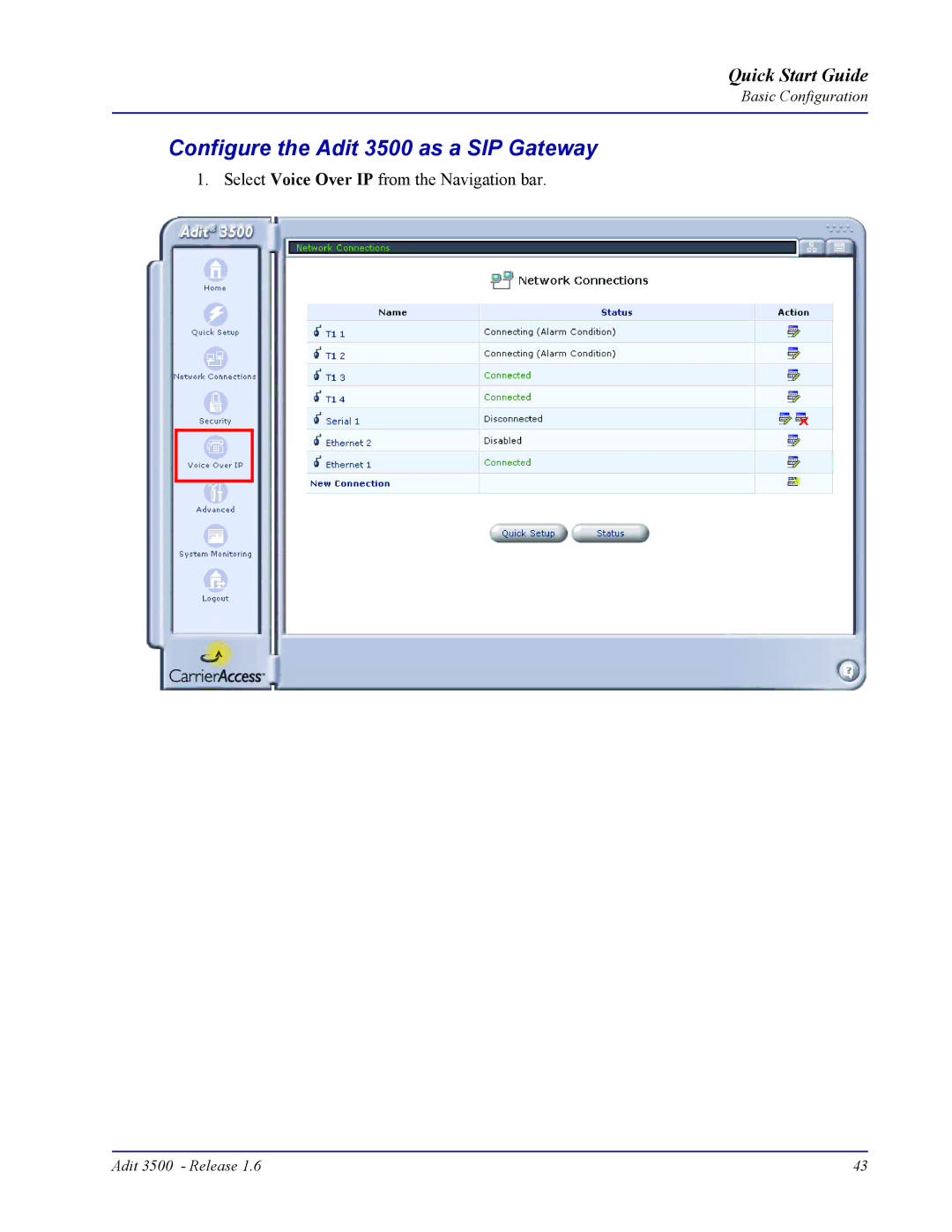 Carrier Access quick start Configure the Adit 3500 as a SIP Gateway 