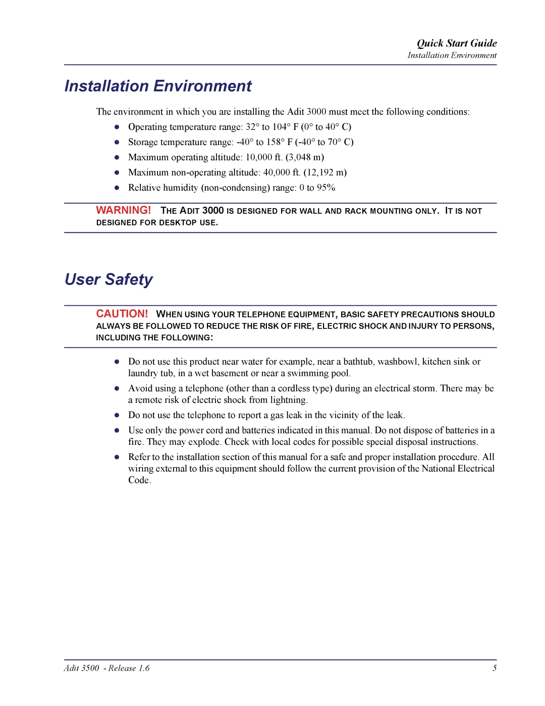 Carrier Access Adit 3500 quick start Installation Environment, User Safety 