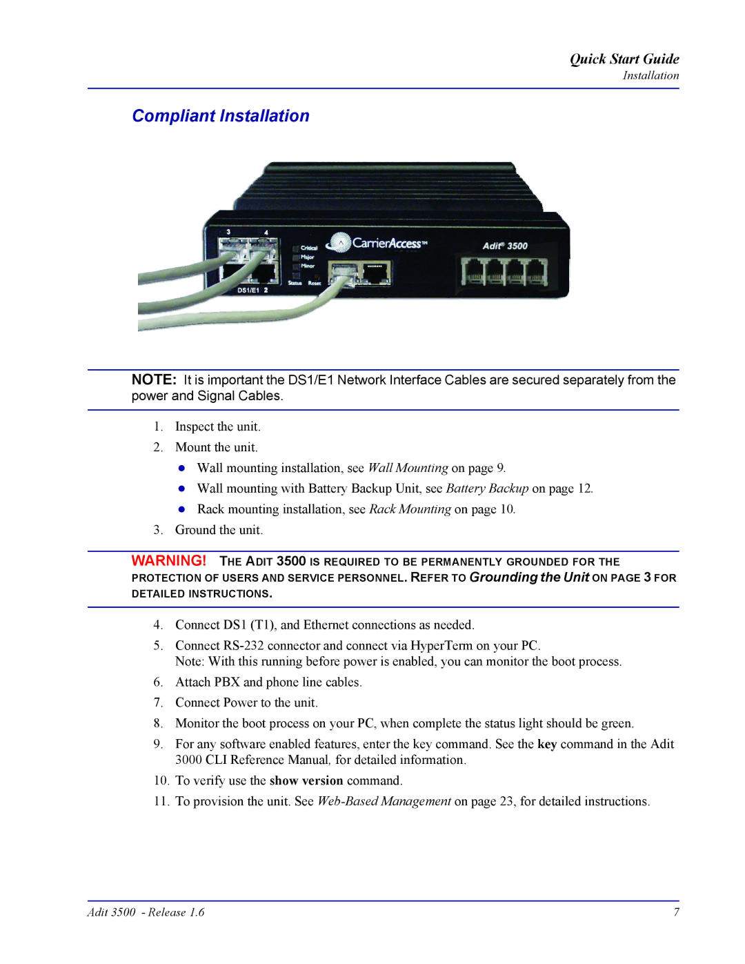 Carrier Access Adit 3500 quick start Compliant Installation 