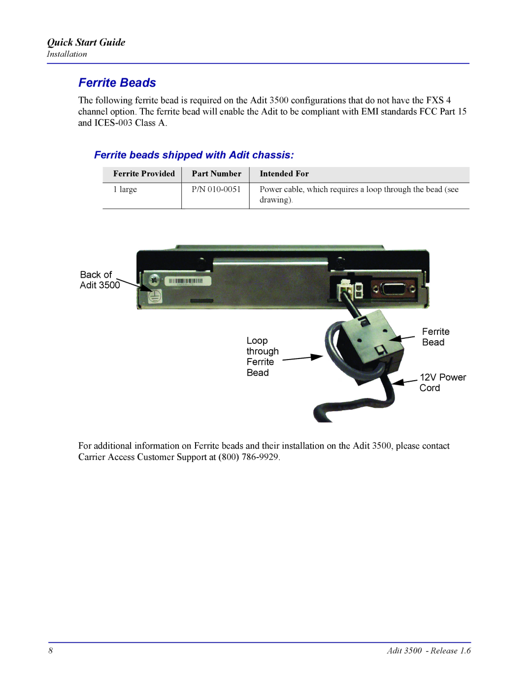 Carrier Access Adit 3500 quick start Ferrite Beads, Ferrite beads shipped with Adit chassis 