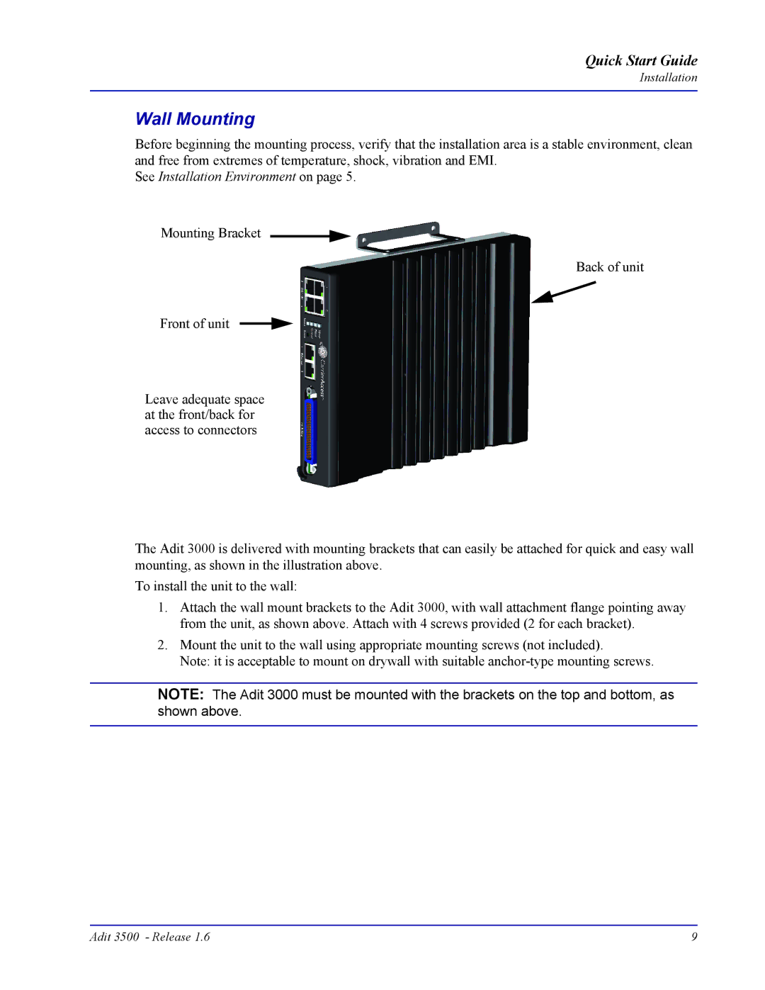 Carrier Access Adit 3500 quick start Wall Mounting, See Installation Environment on 