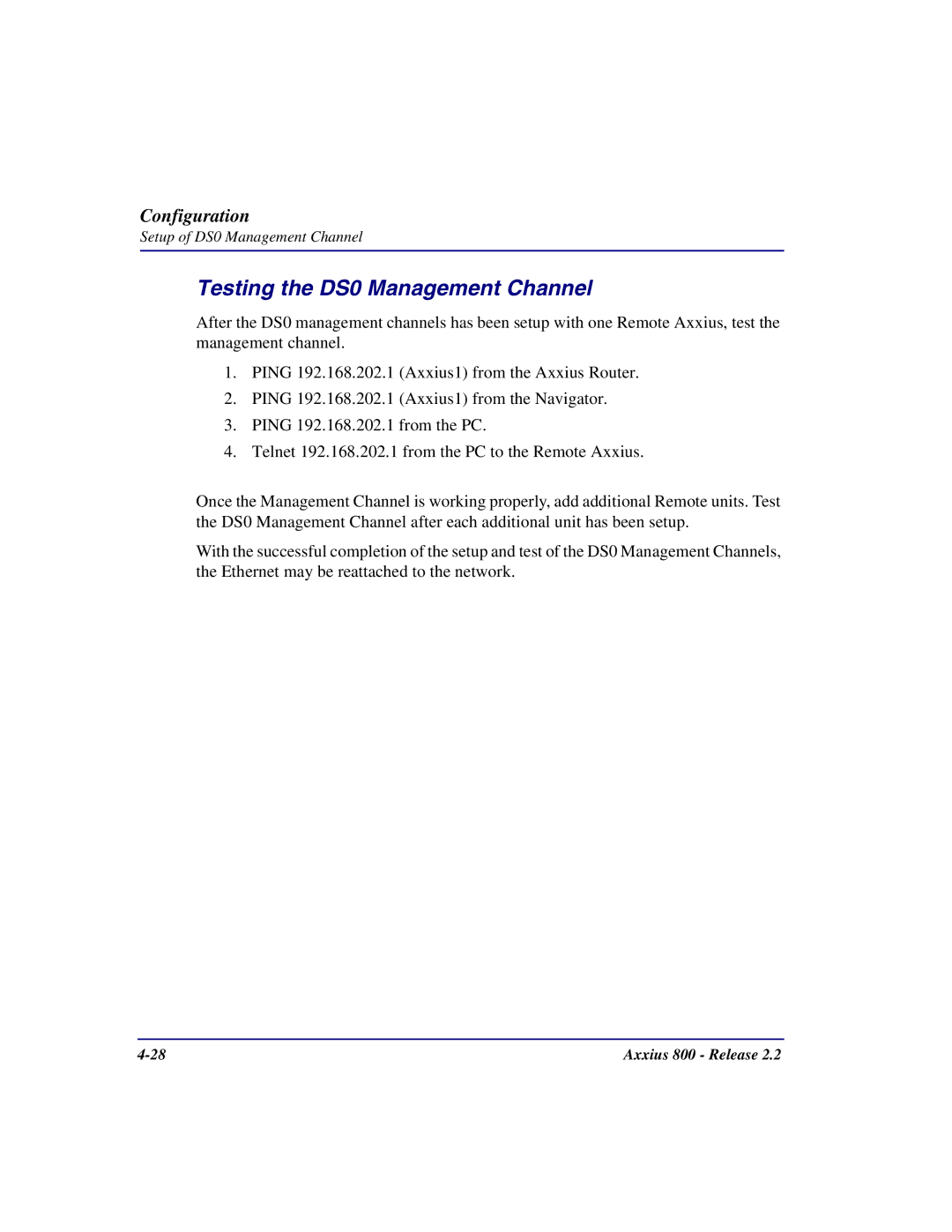 Carrier Access Axxius 800 user manual Testing the DS0 Management Channel 