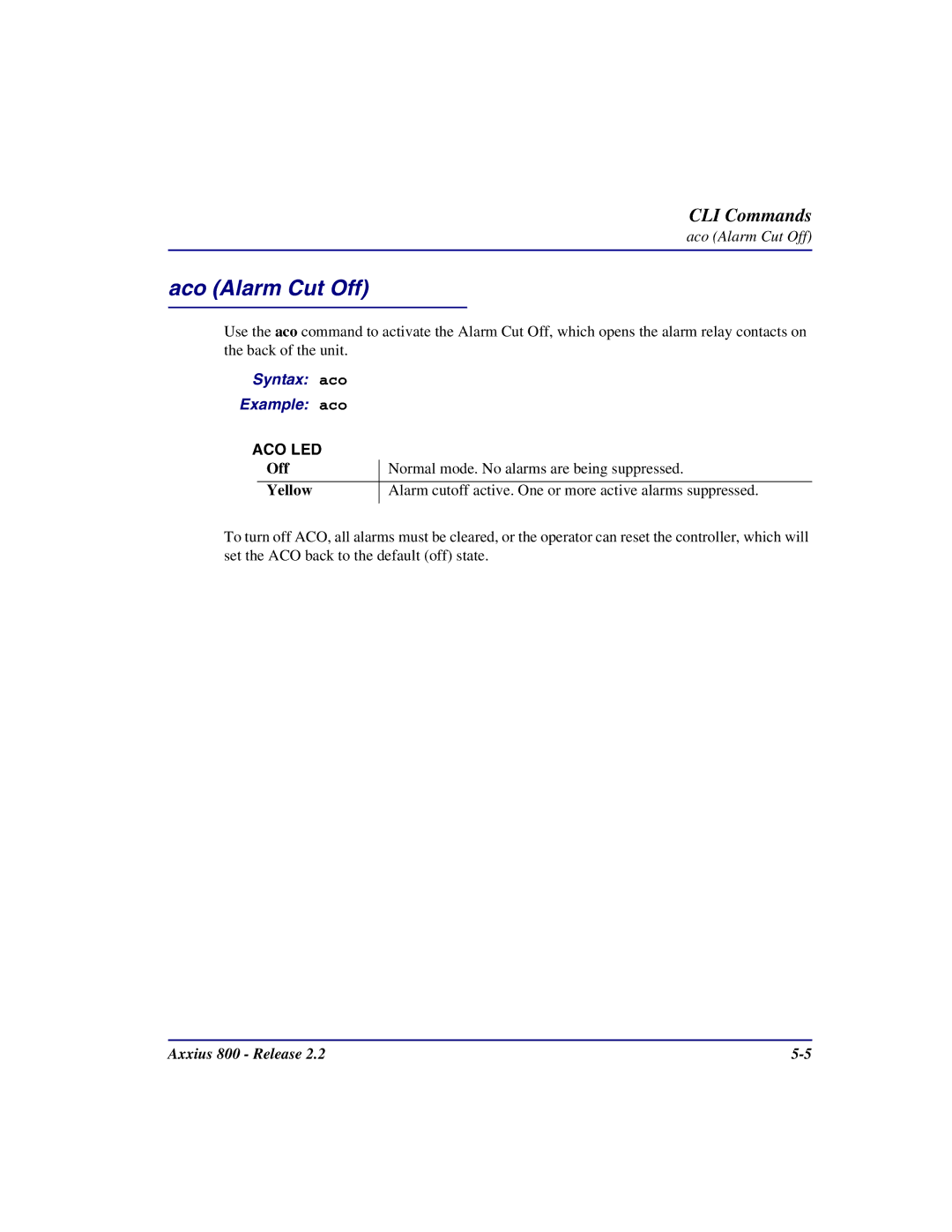 Carrier Access Axxius 800 user manual Aco Alarm Cut Off, Syntax aco Example aco 