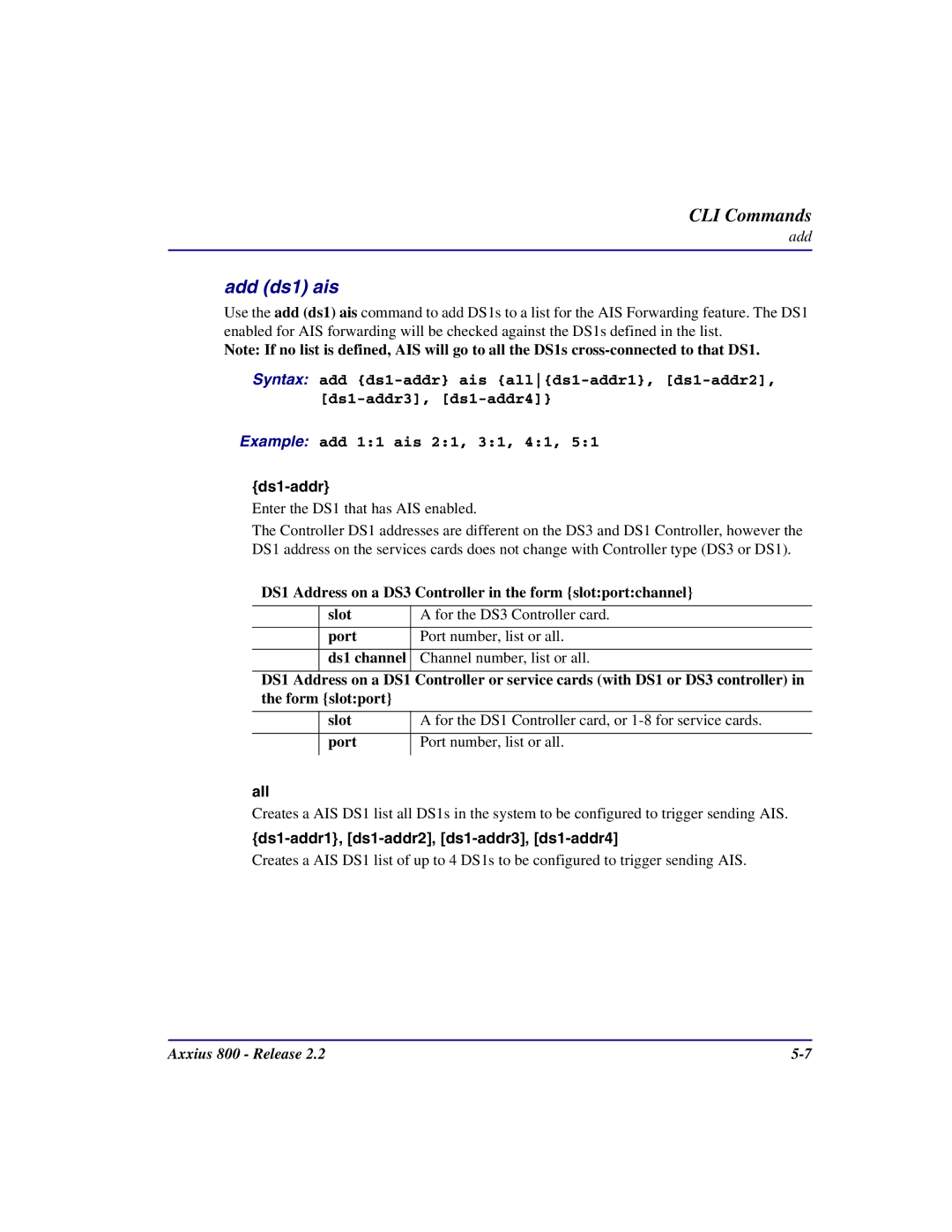 Carrier Access Axxius 800 user manual Add ds1 ais, All, Ds1-addr1, ds1-addr2, ds1-addr3, ds1-addr4 