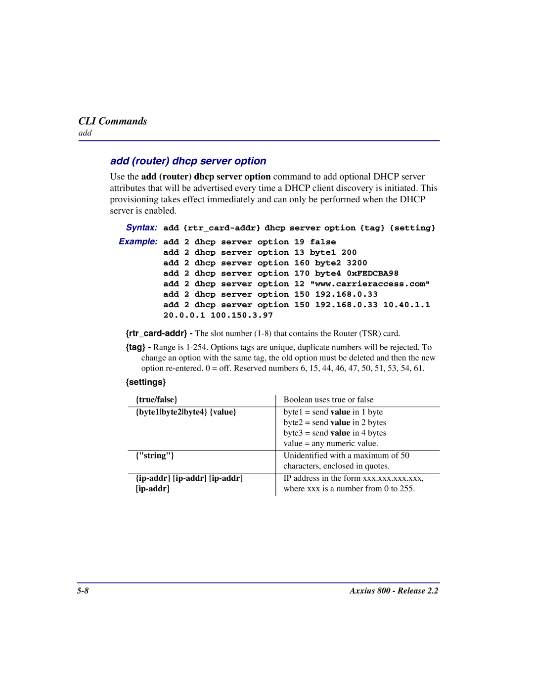 Carrier Access Axxius 800 user manual Add router dhcp server option, Settings 