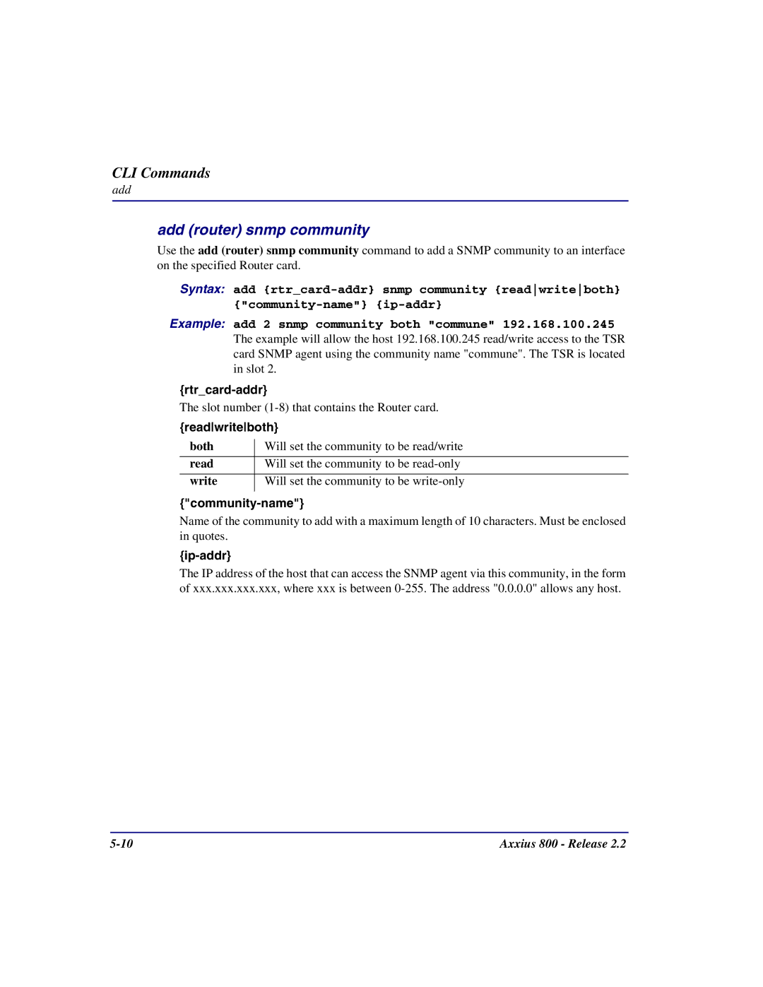 Carrier Access Axxius 800 user manual Add router snmp community, Readwriteboth, Community-name 