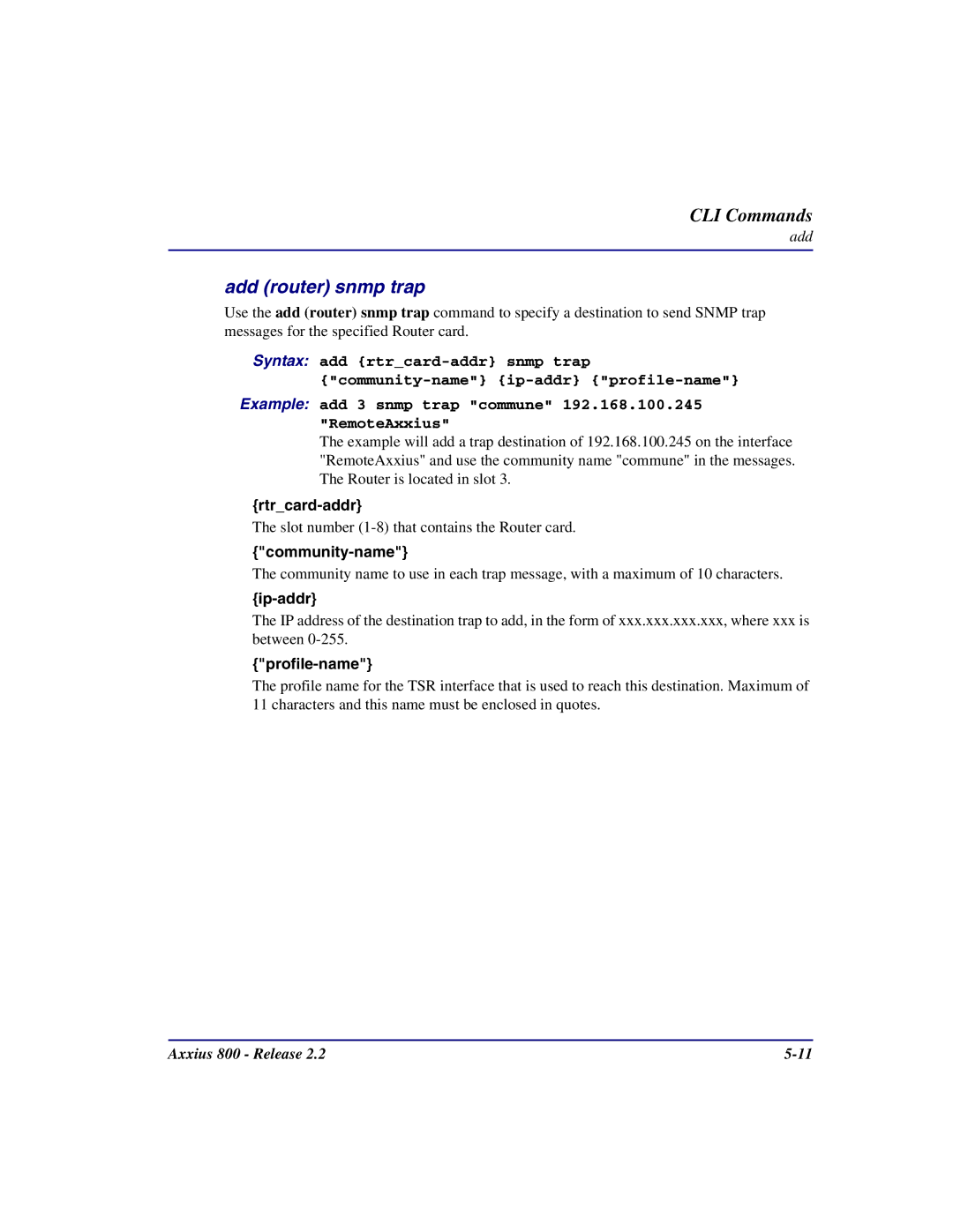 Carrier Access Axxius 800 user manual Add router snmp trap 