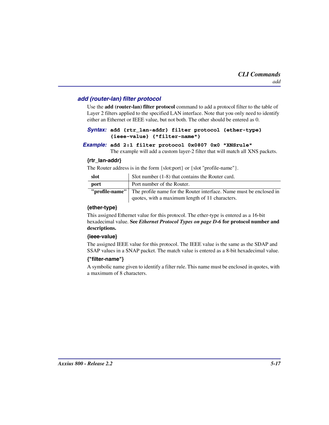 Carrier Access Axxius 800 user manual Add router-lan filter protocol, Ether-type, Descriptions, Ieee-value 