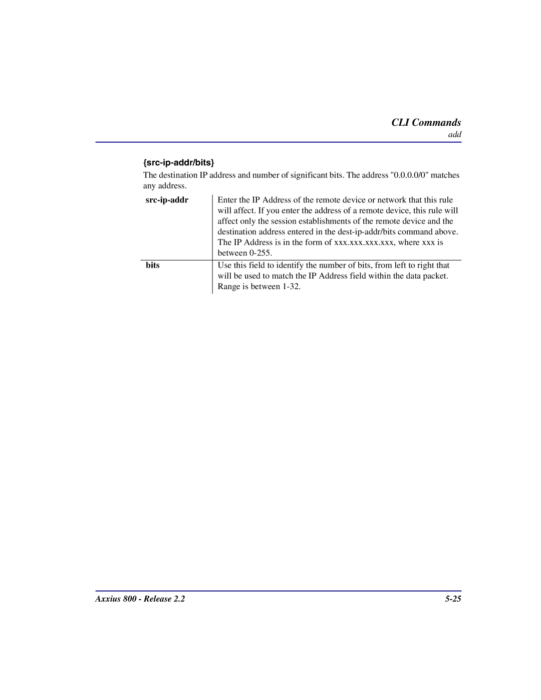 Carrier Access Axxius 800 user manual Src-ip-addr/bits 