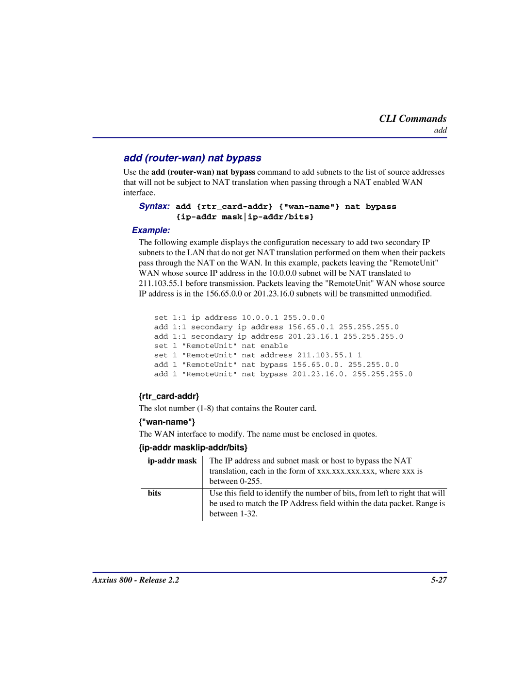 Carrier Access Axxius 800 user manual Add router-wan nat bypass, Ip-addr mask 