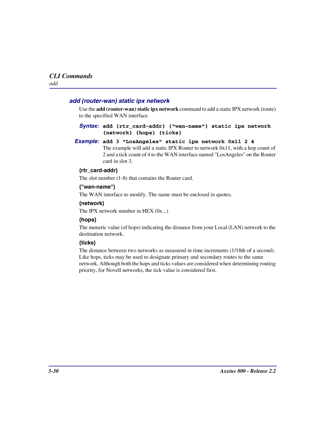 Carrier Access Axxius 800 user manual Add router-wan static ipx network, Network 